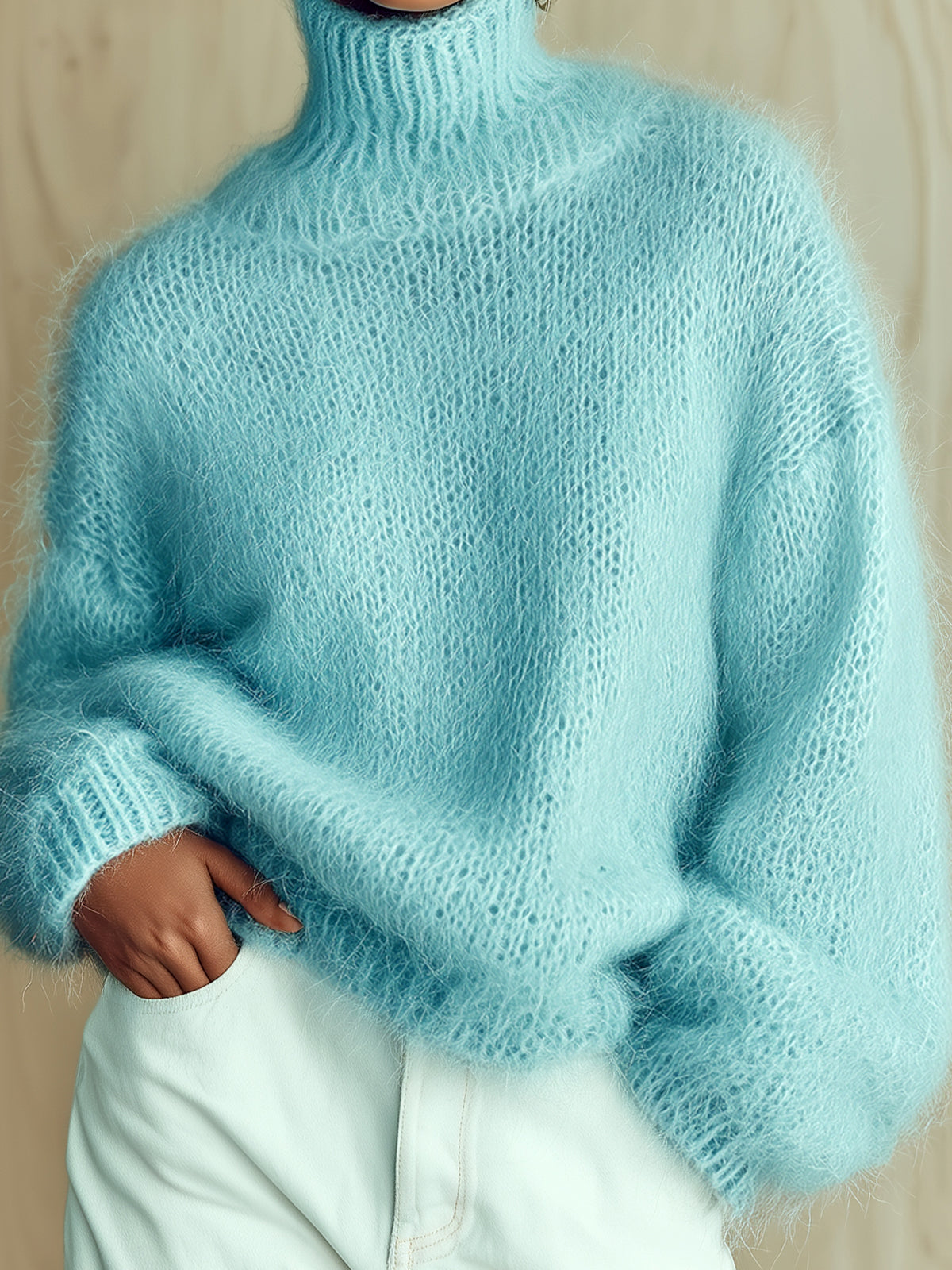 ElevenOra Chic Vintage Baby Blue Turtleneck Textured Knit Fuzzy Slouchy Sweater