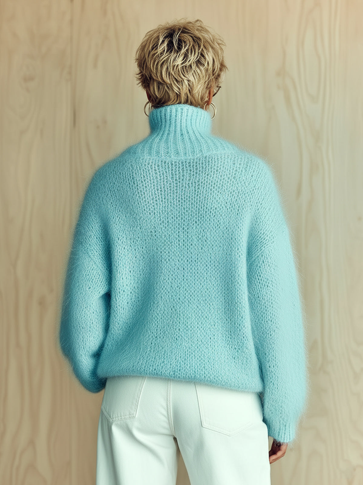 ElevenOra Chic Vintage Baby Blue Turtleneck Textured Knit Fuzzy Slouchy Sweater