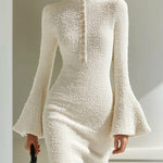 ElevenOra Elegant Solid Color Textured Knit Mock Neck Button-Front Flared Sleeve Fitted Mini Dress
