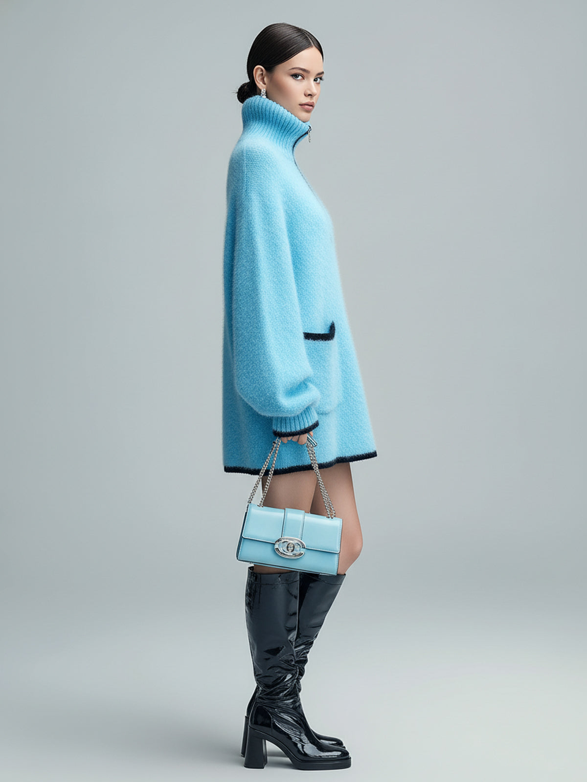 ElevenOra Casual Chic Oversize Zipper Stand Collar Patch Pocket Contrast Trim Long Sleeve Knit Mini Dress