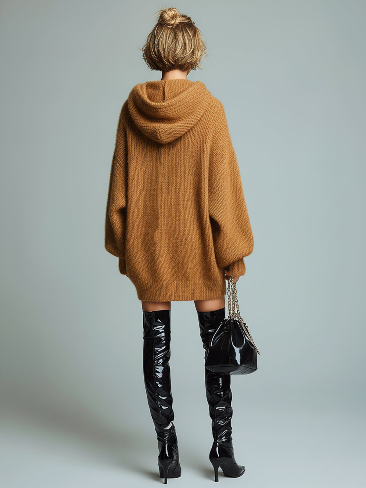 ElevenOra Casual Caramel Oversize Hooded PU Pocket Details Knit Sweater Mini Dress