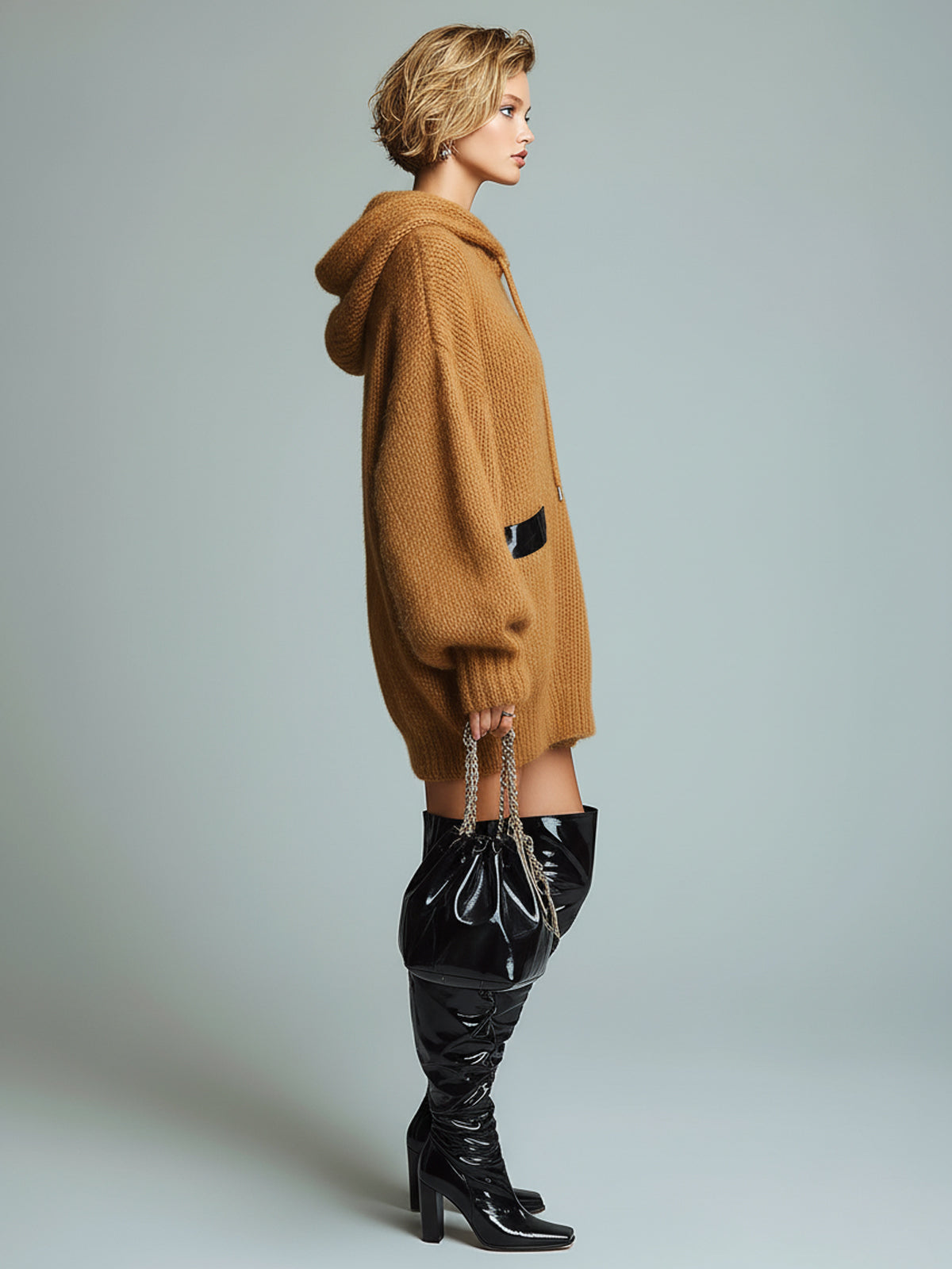 ElevenOra Casual Caramel Oversize Hooded PU Pocket Details Knit Sweater Mini Dress