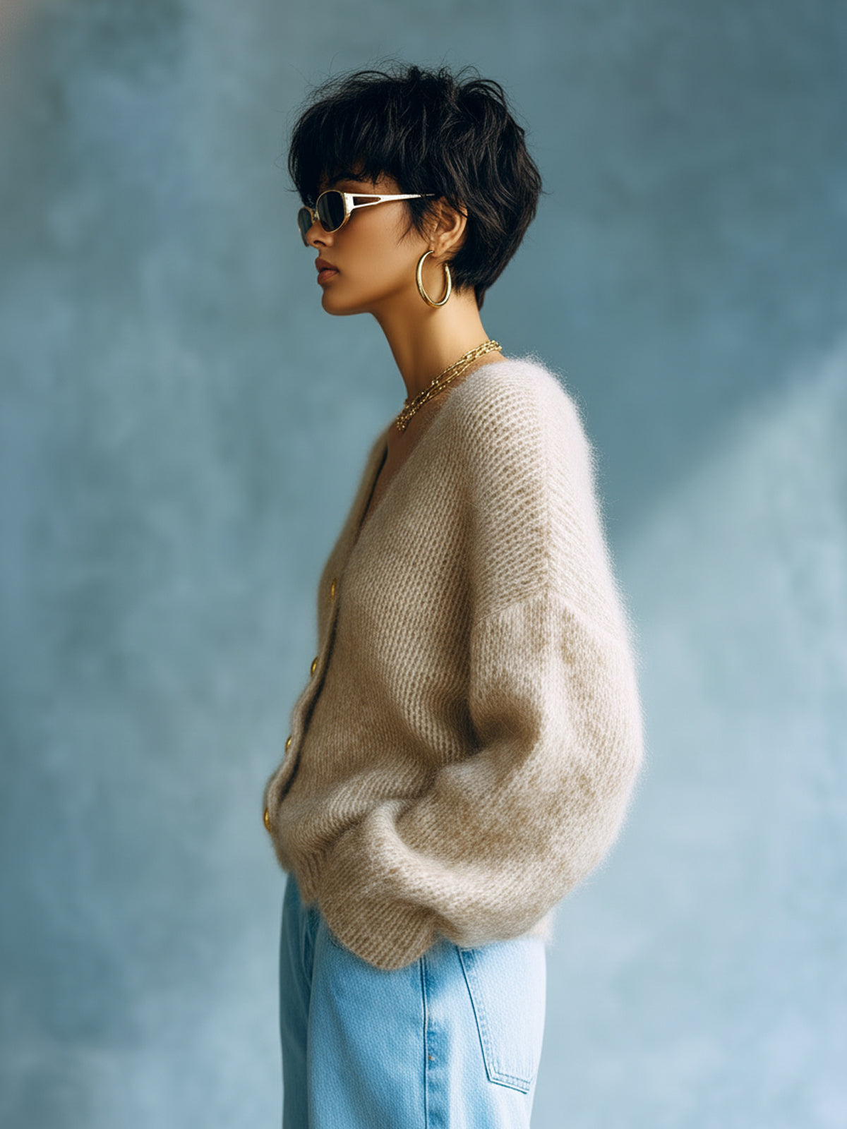 ElevenOra Chic Vintage Light Camel V-Neck Single-Breasted Long Sleeve Loose-Fit Fuzzy Knit Cardigan Top