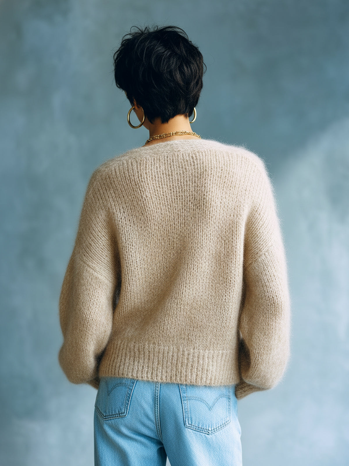 ElevenOra Chic Vintage Light Camel V-Neck Single-Breasted Long Sleeve Loose-Fit Fuzzy Knit Cardigan Top