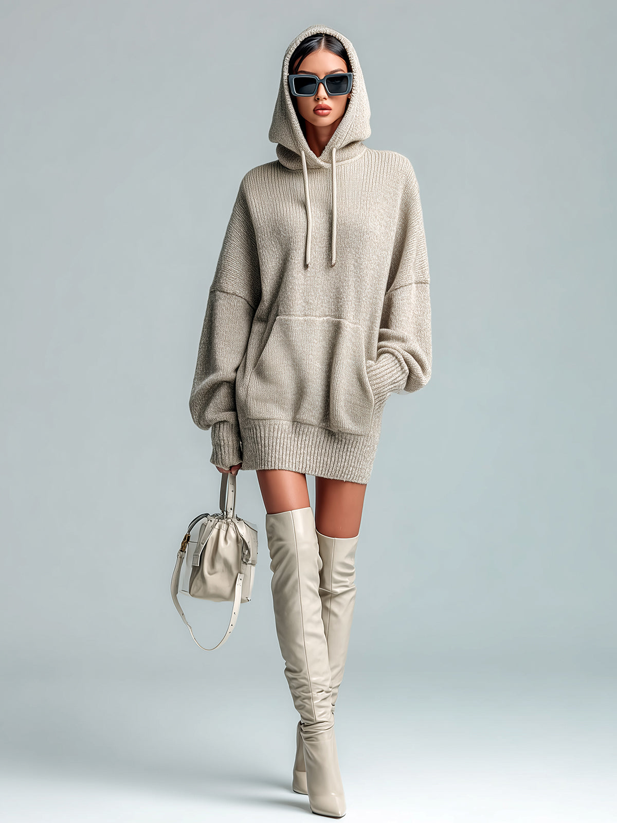 ElevenOra Chic Casual Beige Hooded Drawstring Oversized Long-Sleeve Knit Mini Dress