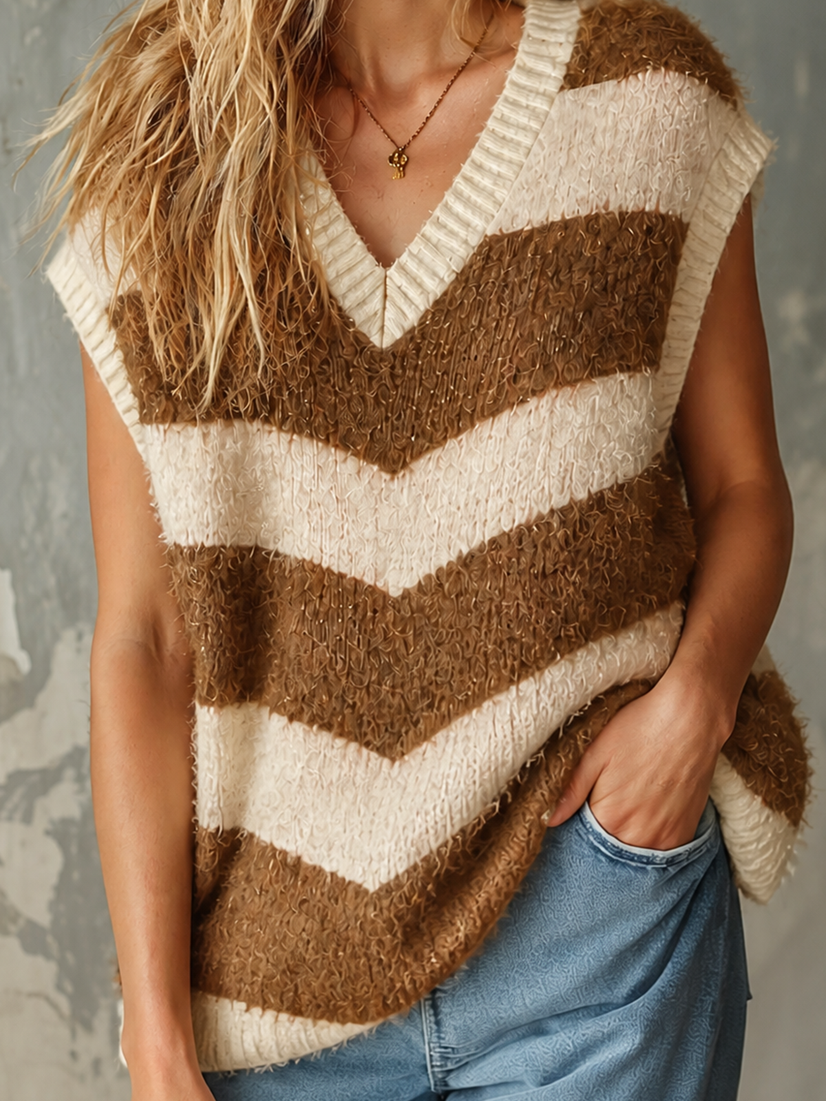 ElevenOra Chic Casual Cream-Camel Stripe V-Neck Sleeveless Loose-Fit Fuzzy Knit Vest Top