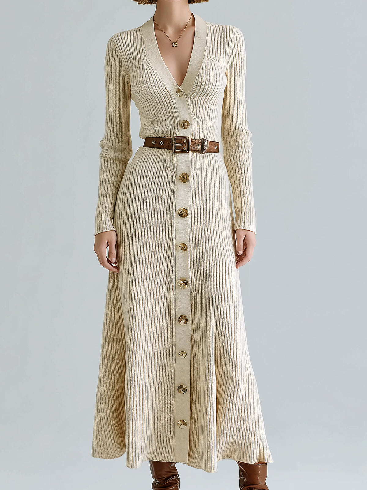 ElevenOra Chic Elegant Apricot V-Neck Single Breasted Button Front Long Sleeve Belted Ribbed Knit Maxi Dress
