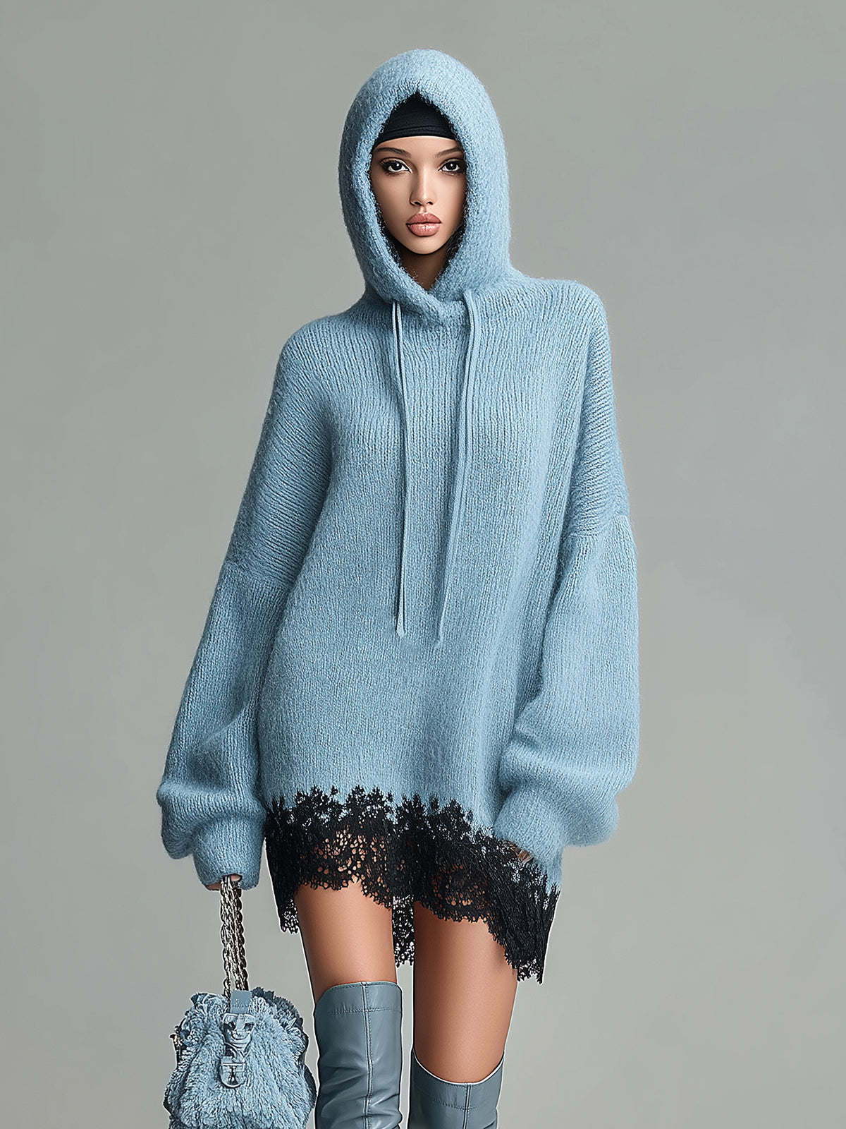 ElevenOra Chic Casual Baby Blue Hooded Long Sleeve Contrast Lace Patchwork Oversized Knit Mini Dress