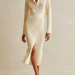 ElevenOra Chic Off-White V-neck Long Sleeve Slim-fit Front-Slit Knit Midi Dress