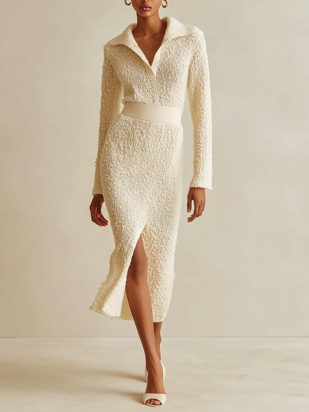 ElevenOra Chic Off-White V-neck Long Sleeve Slim-fit Front-Slit Knit Midi Dress