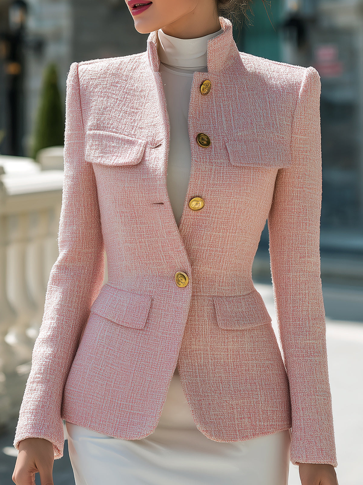 ElevenOra Chic Elegant Pink Tweed Stand-up Collar Single-breasted Tailored Waist Blazer