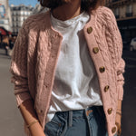 ElevenOra Chic Elegant Nude Pink Cable Knit Crew Neck Gold Button Cropped Cardigan