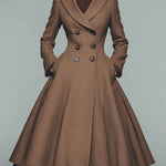 ElevenOra Vintage Brown Wool Blend Notch Lapel Double-Breasted Tailored Waist Flared Hem Mid-Length Coat