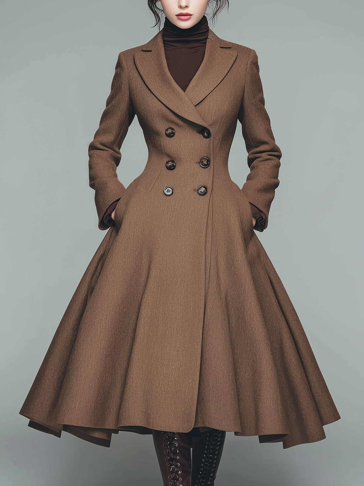 ElevenOra Vintage Brown Wool Blend Notch Lapel Double-Breasted Tailored Waist Flared Hem Mid-Length Coat