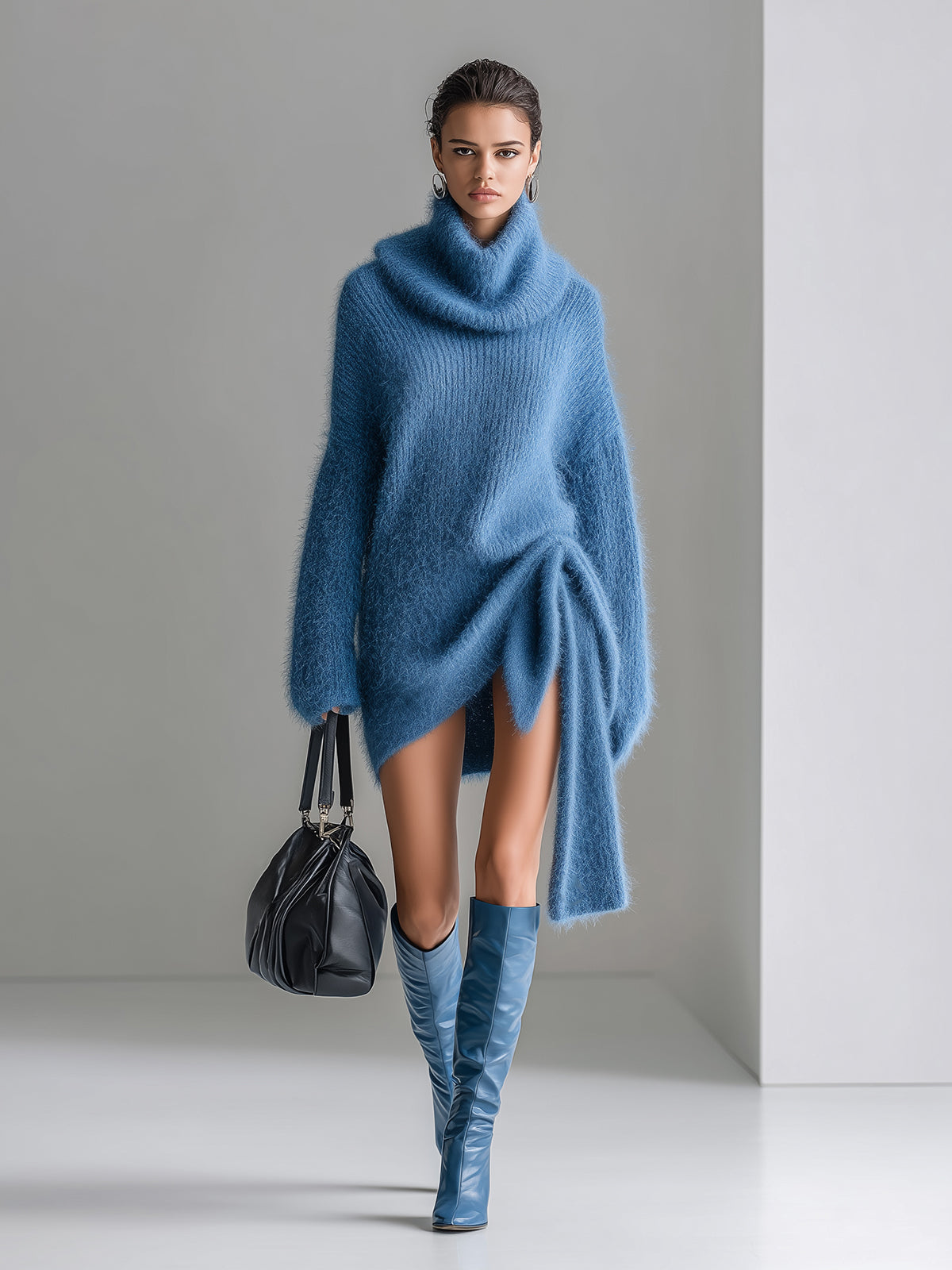 ElevenOra Chic Vintage Dark Blue Turtleneck Long Sleeve Oversized Knot Detail Knit Mini Dress