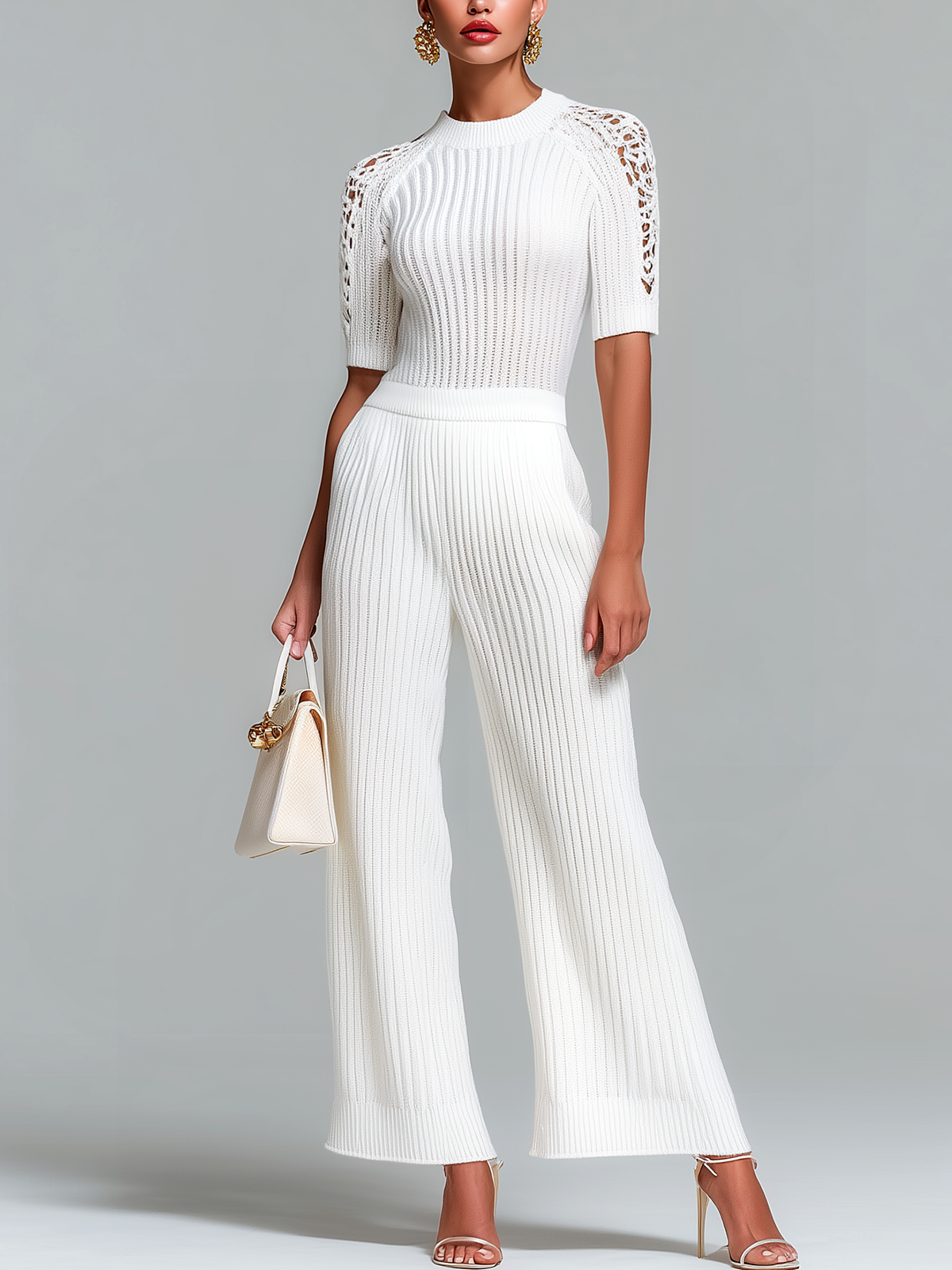 ElevenOra Stylish Elegant White Round-neck Lace Panel Short-sleeved Top Loose Wide-leg Pants Ribbed Knit Two-piece Set
