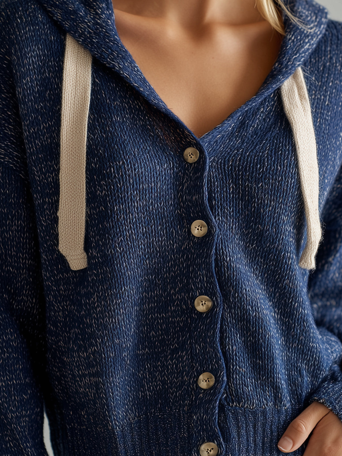 ElevenOra Casual Chic Navy Hooded Single-Breasted Cropped Knitted Cardigan