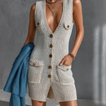 ElevenOra Chic Elegant Light Gray Deep V-Neck Sleeveless Single-Breasted Slim-Fit Patch Pockets Knit Mini Dress