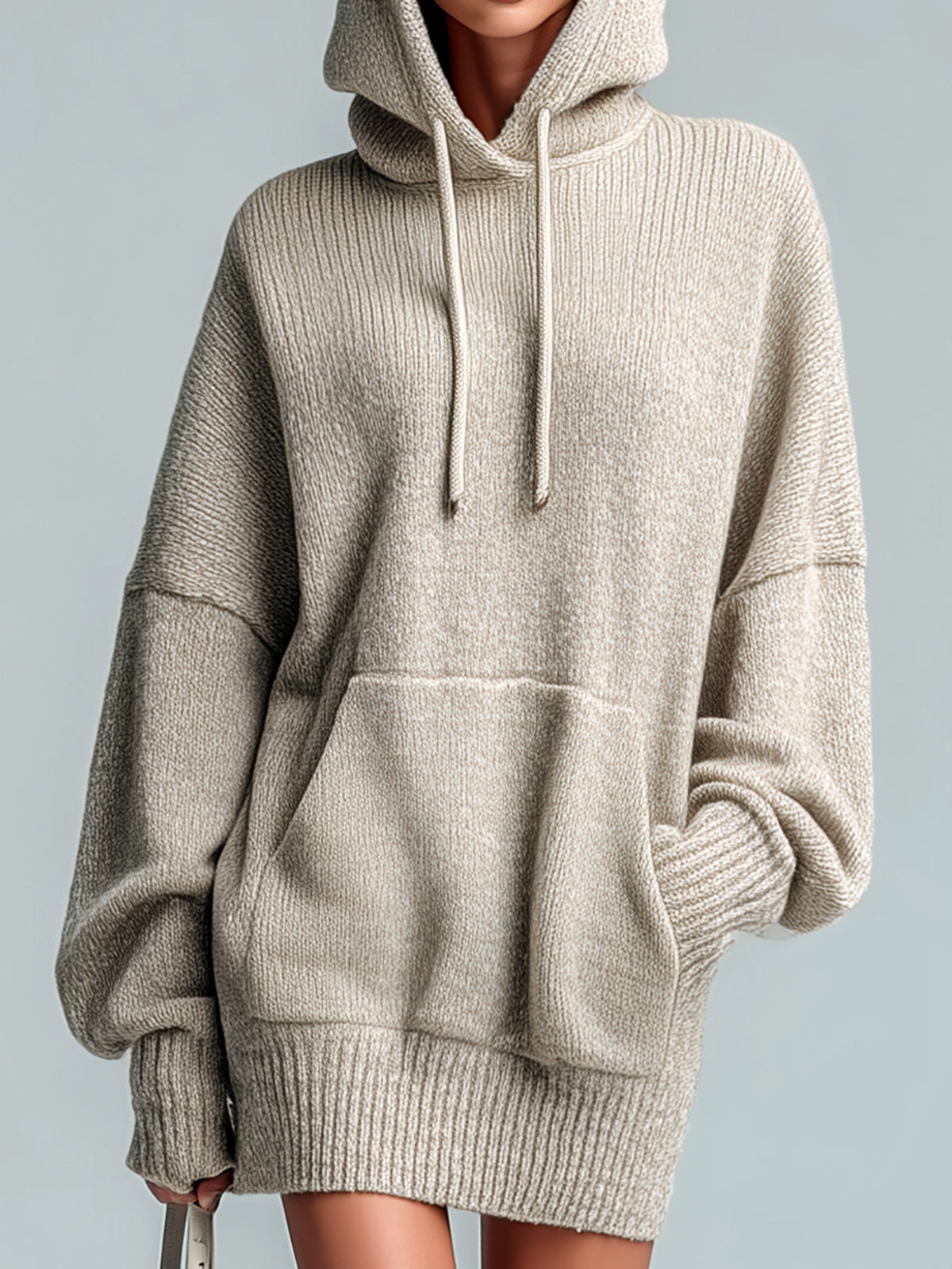 ElevenOra Chic Casual Beige Hooded Drawstring Oversized Long-Sleeve Knit Mini Dress