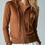 ElevenOra Chic Casual Caramel Brown Hooded Full-Zip Drawstring Slim-Fit Knit Cardigan