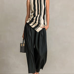 ElevenOra Chic Elegant Black-Beige Stripes Mock-Neck Sleeveless Knit Vest Top Black Cotton Blend Wide-Leg Cropped Pants Two-Piece Set