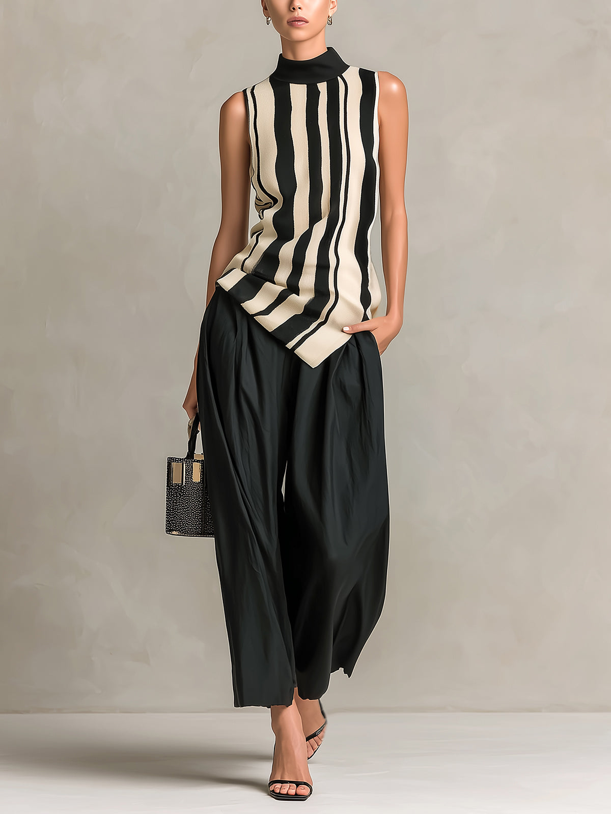 ElevenOra Chic Elegant Black-Beige Stripes Mock-Neck Sleeveless Knit Vest Top Black Cotton Blend Wide-Leg Cropped Pants Two-Piece Set