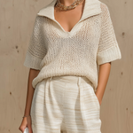 ElevenOra Chic Casual Beige Lapel V-Neck Short-Sleeve Loose Knit Sweater