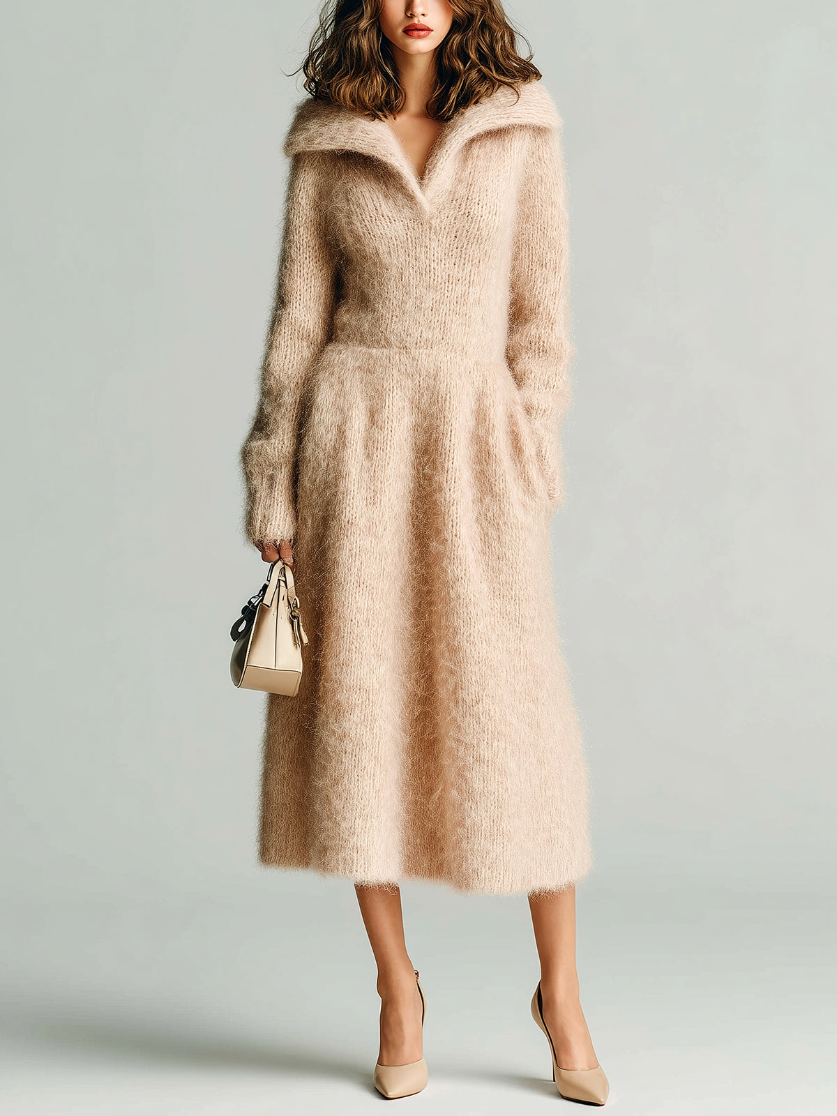 ElevenOra Chic Vintage Light Khaki Oversized Lapel Collar Long Sleeve Tailored Waist Fuzzy Knit Midi Dress