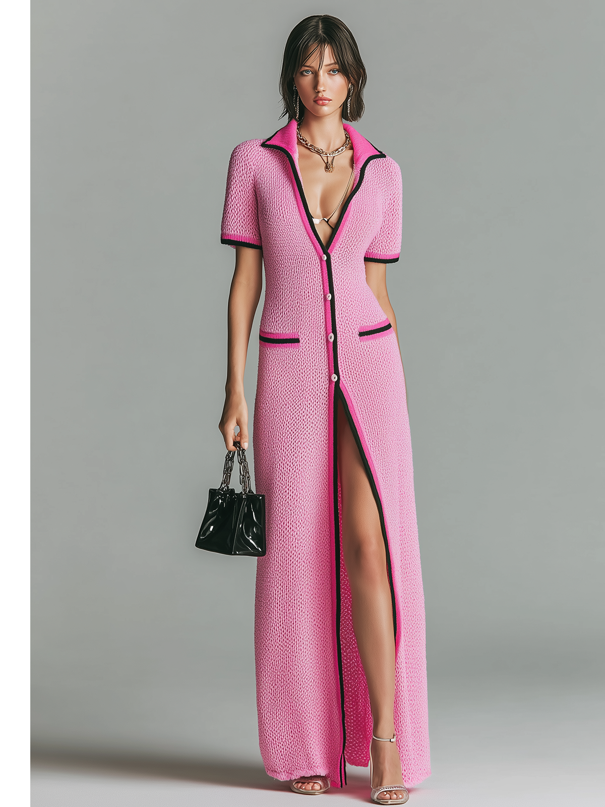 ElevenOra Chic Elegant Pink Colorblock Lapel Collar Single-Breasted Short-Sleeve Loose Knit Maxi Dress