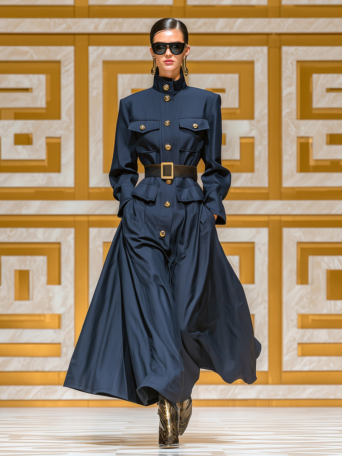 ElevenOra Chic Casual Navy Blue Cotton Blend Stand Collar Single Breasted Utility Pocket Belted Maxi Dress Coat