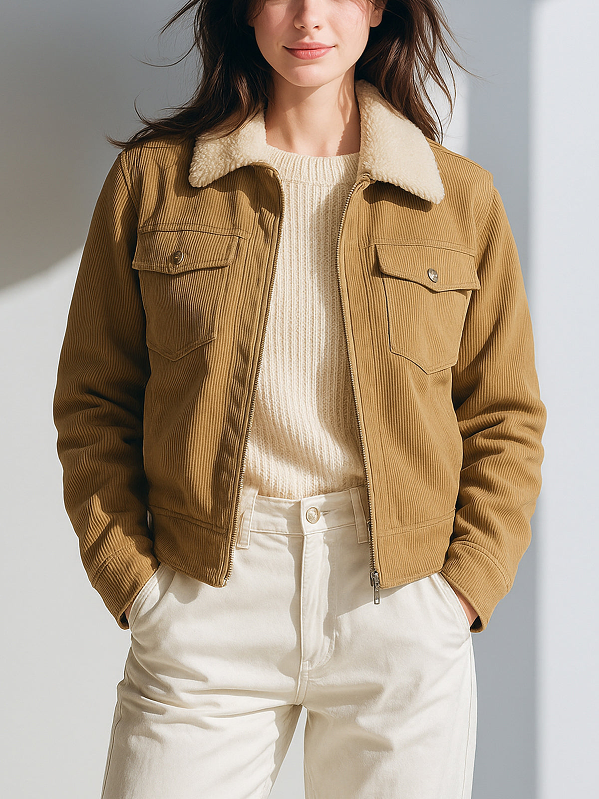 ElevenOra Casual Vintage Khaki Corduroy Faux Shearling Lapel Collar Zip-Up Cropped Jacket