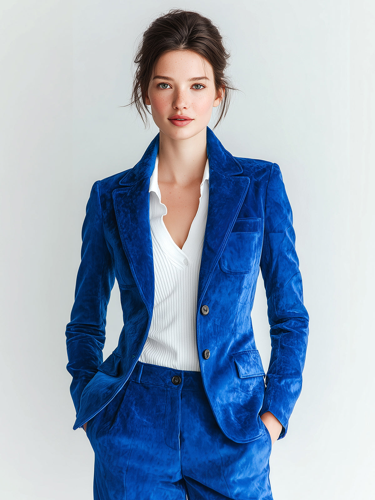 ElevenOra Vintage Elegant Royal Blue Velvet Lapel Single-Breasted Sophisticated Blazer