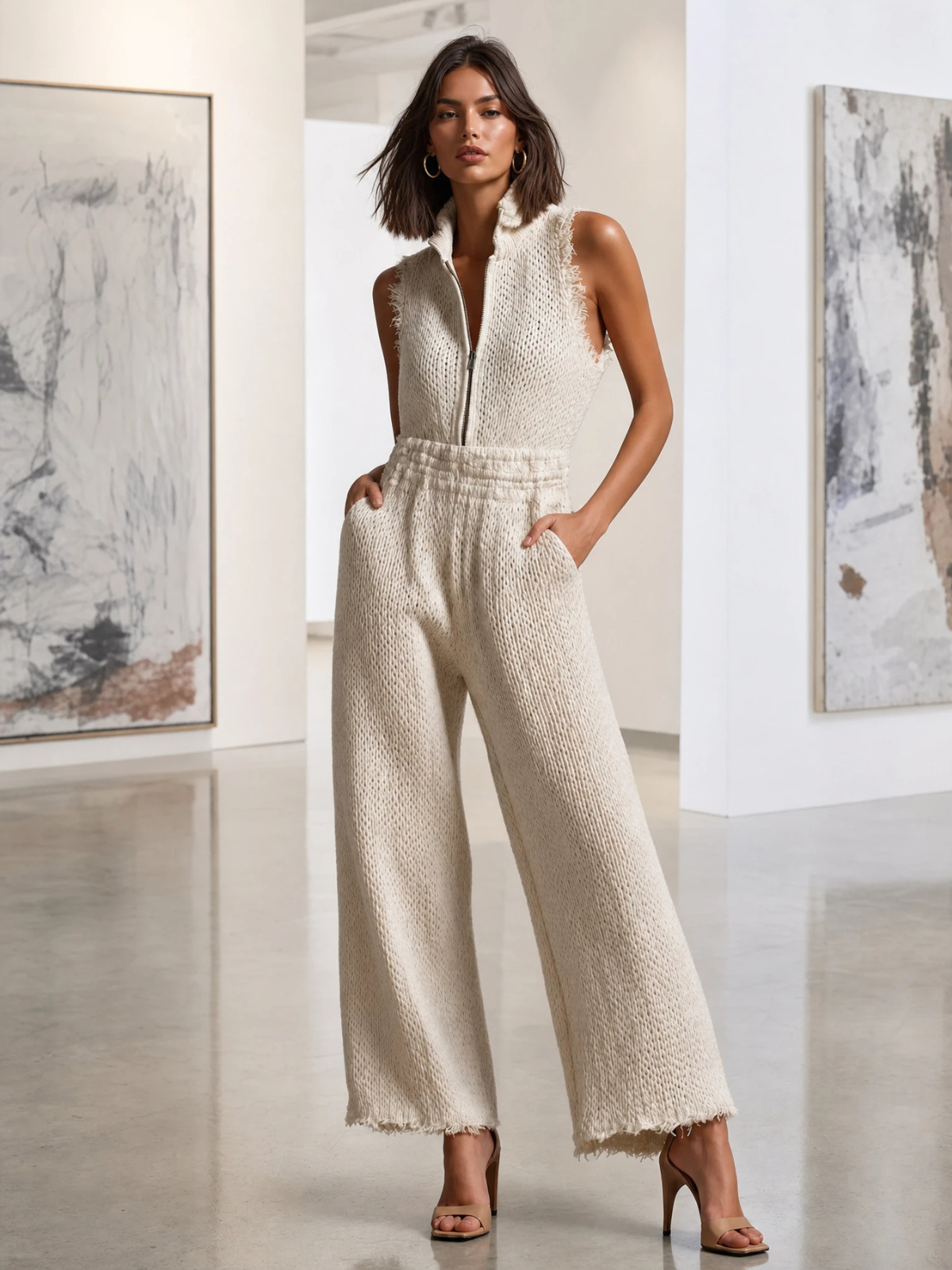 ElevenOra Chic Elegant Cream White Stand Collar Half Zip Frayed Edge Sleeveless Elastic-Waist Loose-Fit Knit Jumpsuit