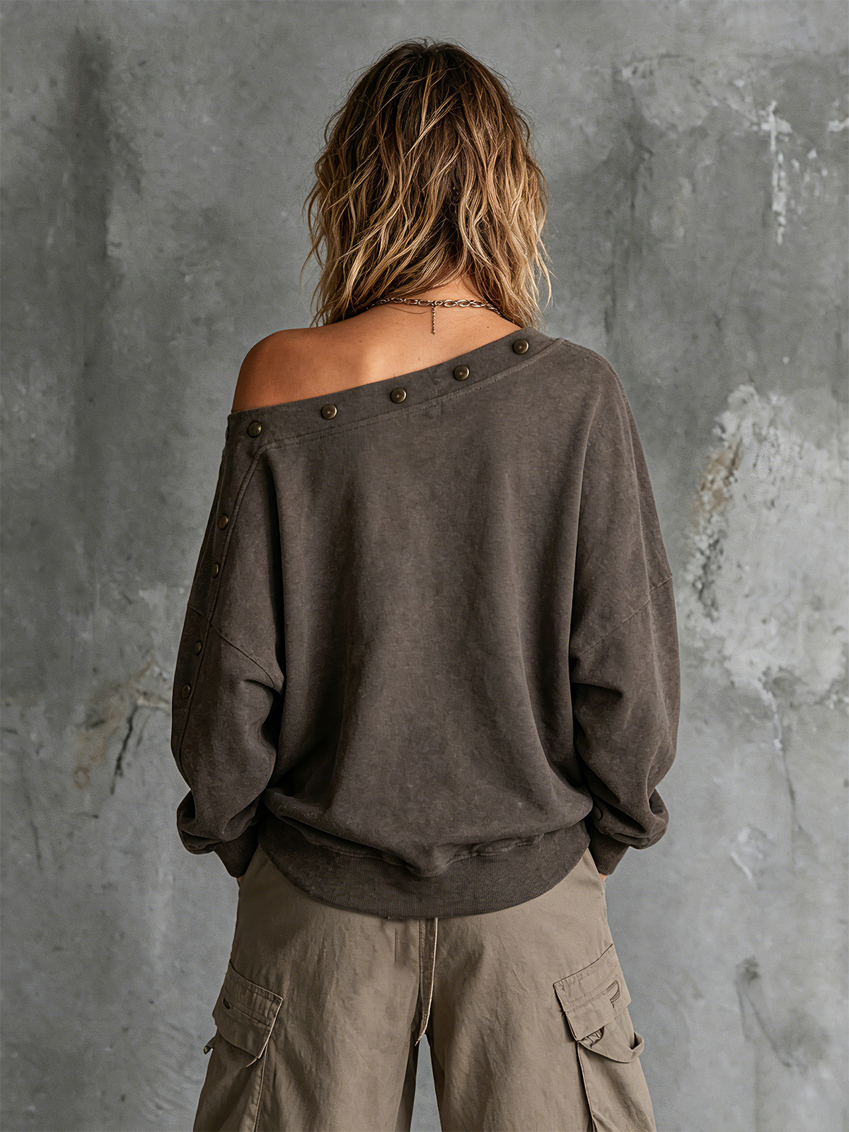 ElevenOra Chic Casual Charcoal Grey Off Shoulder Buttons Trim Star Embroidery Long Sleeve Loose-Fit French Terry Sweatshirt