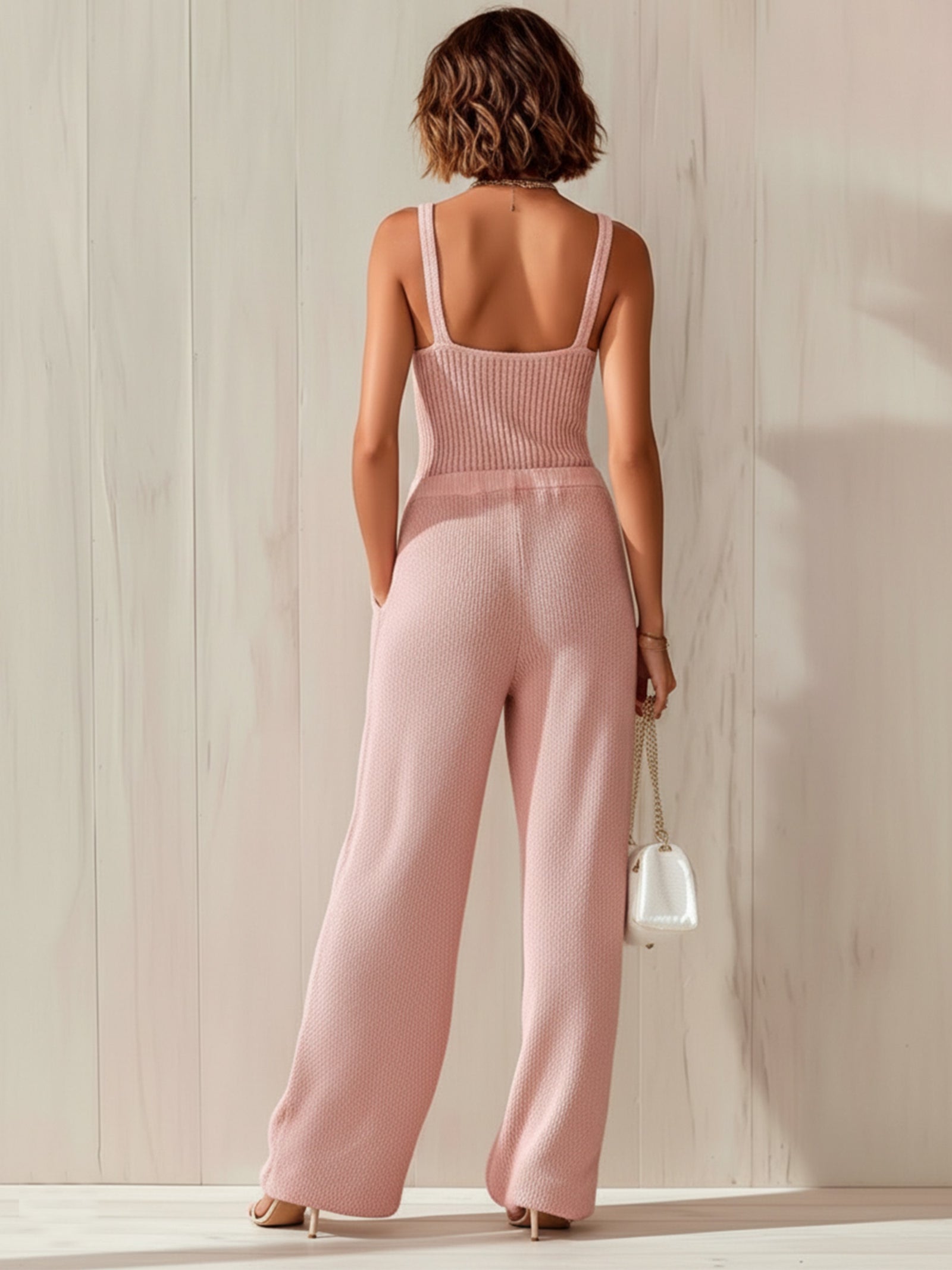 ElevenOra Chic Elegant Pink Strappy Button-Front Loose-Fit Waist Tie Wide-Leg Ribbed Knit Jumpsuit