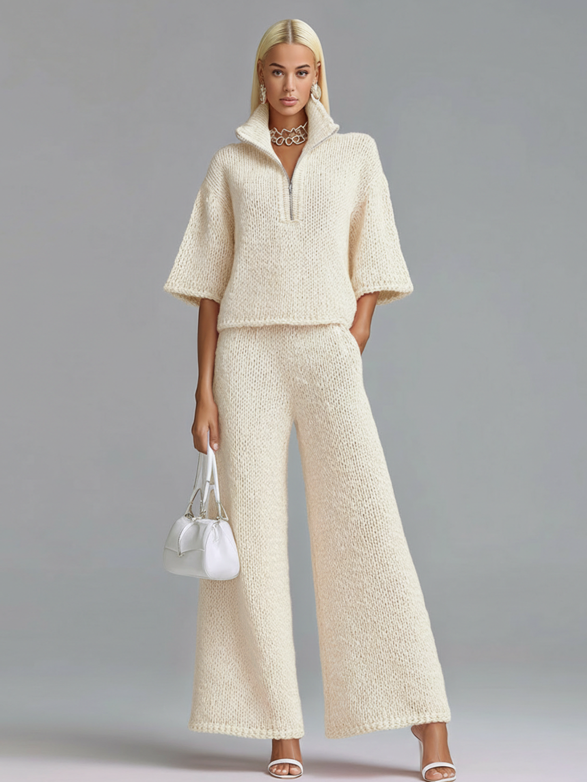 ElevenOra Stylish Elegant Barbie Pink Lapel Seven-Quarter Sleeve Half-Zip Loose Sweater And Wide-Leg Pants Two-Piece Set