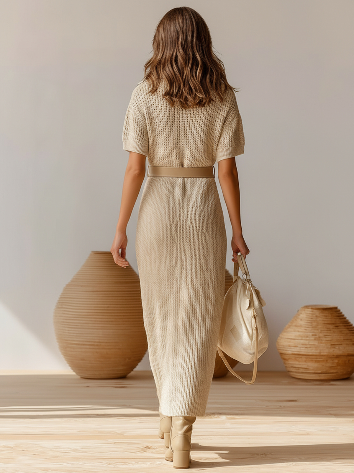 ElevenOra Stylish Elegant Camel Button-Up Lapel Collar Short-Sleeve Loose Belted Waist Side Slit Ribbed Knit Maxi Dress