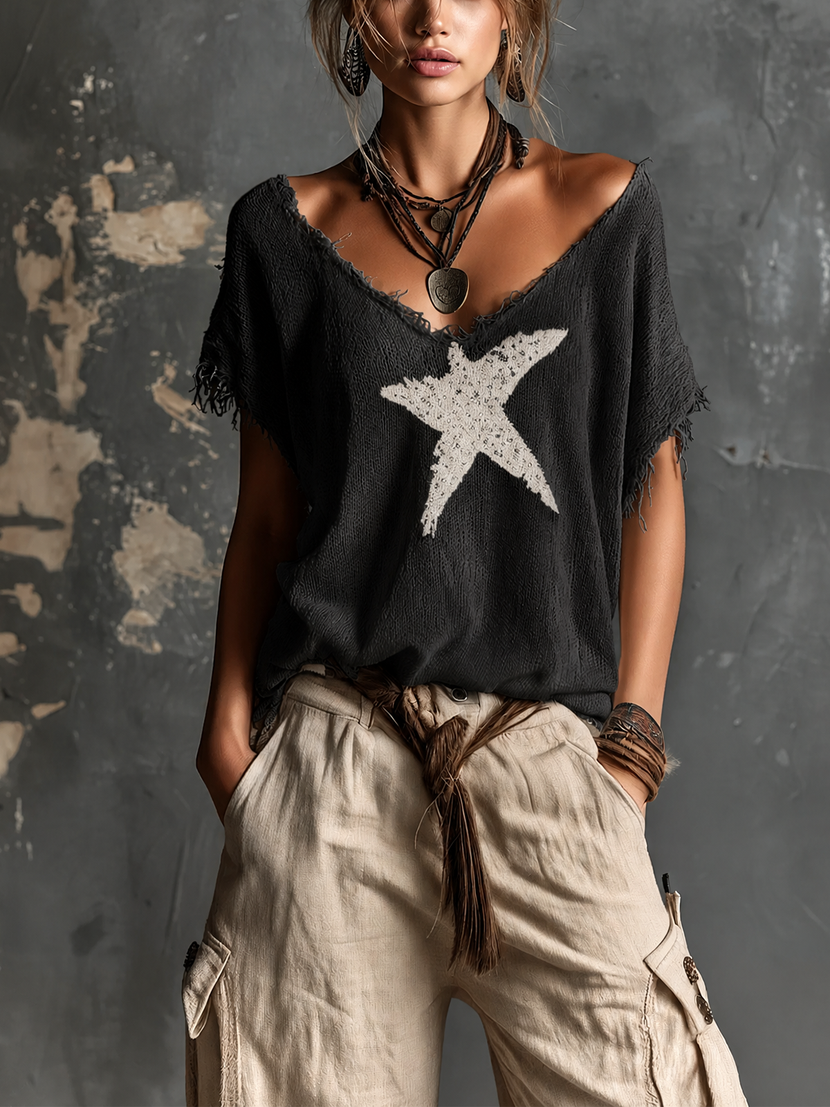 ElevenOra Chic Casual White V-Neck Star Print  Raw Edge Dolman Sleeves Loose-Fit Knit Sweater Top
