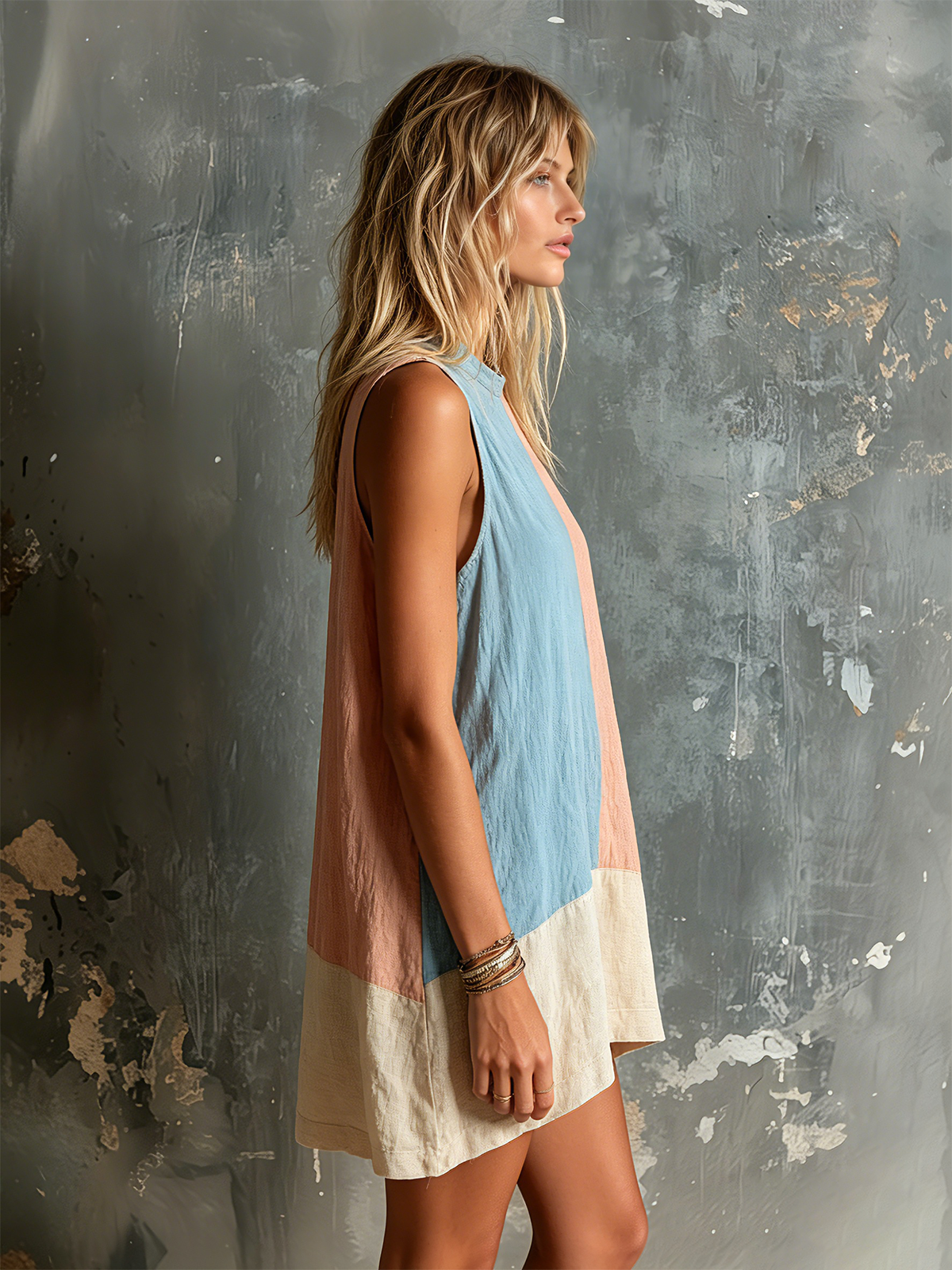 ElevenOra Chic Casual Pink-Blue Colorblock Round-Neck Sleeveless Loose-Fit Cotton-Linen Blend Mini Dress