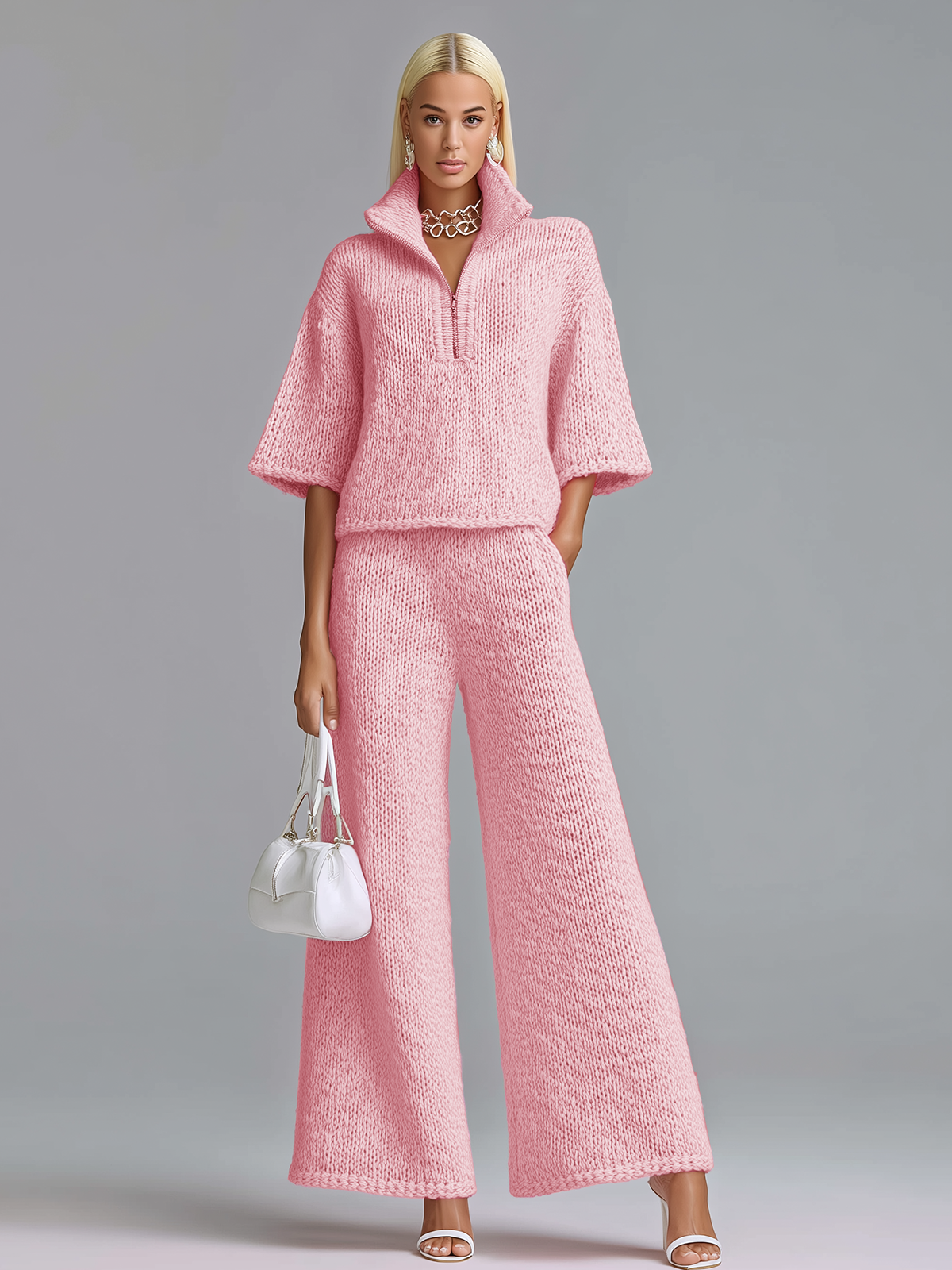 ElevenOra Stylish Elegant Barbie Pink Lapel Seven-Quarter Sleeve Half-Zip Loose Sweater And Wide-Leg Pants Two-Piece Set