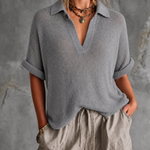 ElevenOra Chic Casual Dusty Grey Lapel-Collar V-Neck Button-Detail Half‑Sleeve Loose-Fit Mesh Knit Sweater Top