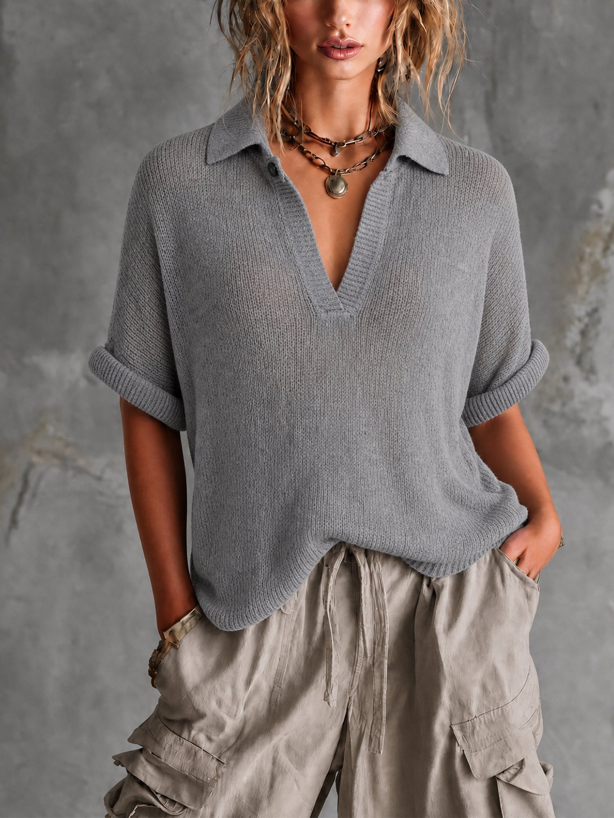 ElevenOra Chic Casual Dusty Grey Lapel-Collar V-Neck Button-Detail Half‑Sleeve Loose-Fit Mesh Knit Sweater Top