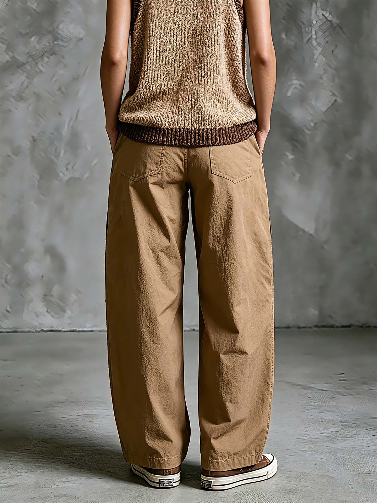 ElevenOra Chic Elegant Camel Waist Drawstring Patch Pocket  Loose-Fit Cotton Blend Wide-Leg Pants