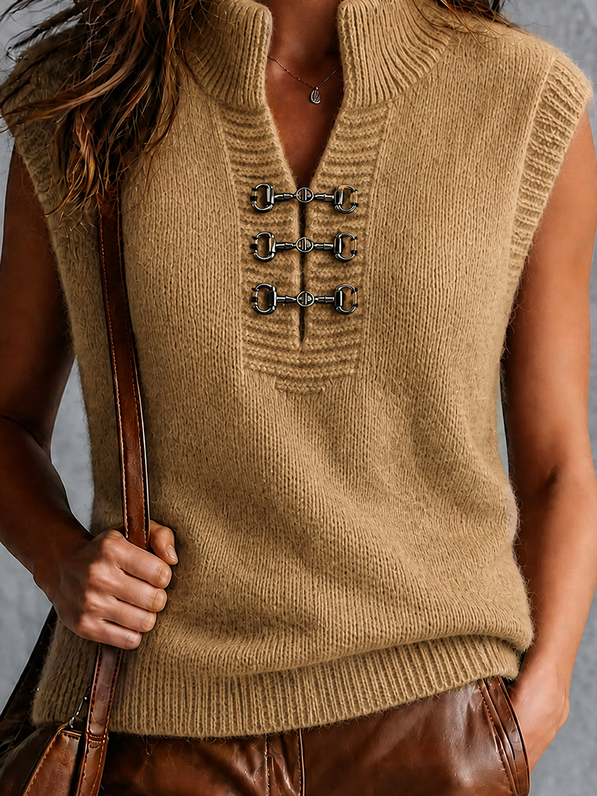 ElevenOra Chic Elegant Camel Stand Collar V-Neck Horsebit Detail Sleeveless Loose-Fit Knit Vest Top