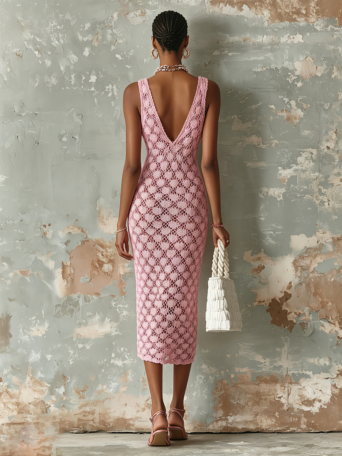 ElevenOra Chic Elegant Pink V-Neck Sleeveless Slim-Fit Hollow-Out Knit Midi Dress