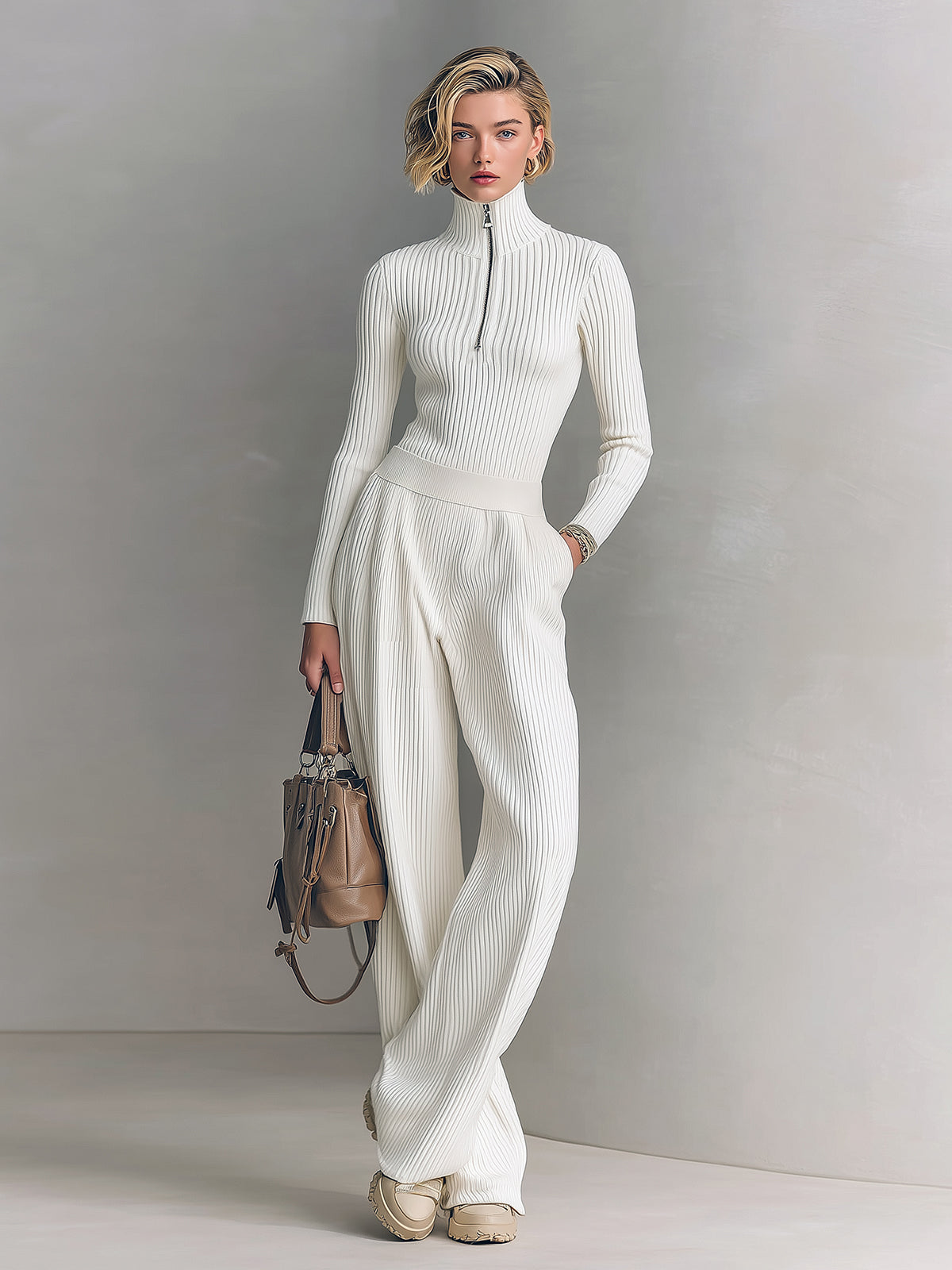 ElevenOra Chic Elegant Zip-up Mock Neck Slim-Fit Sweater Elastic Waist Wide-Leg Pants Knit Two-Piece Set