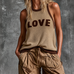 ElevenOra Chic Casual Camel Colorblock Chenille Embroidery Round-Neck Sleeveless Loose-Fit Knit Tank Top