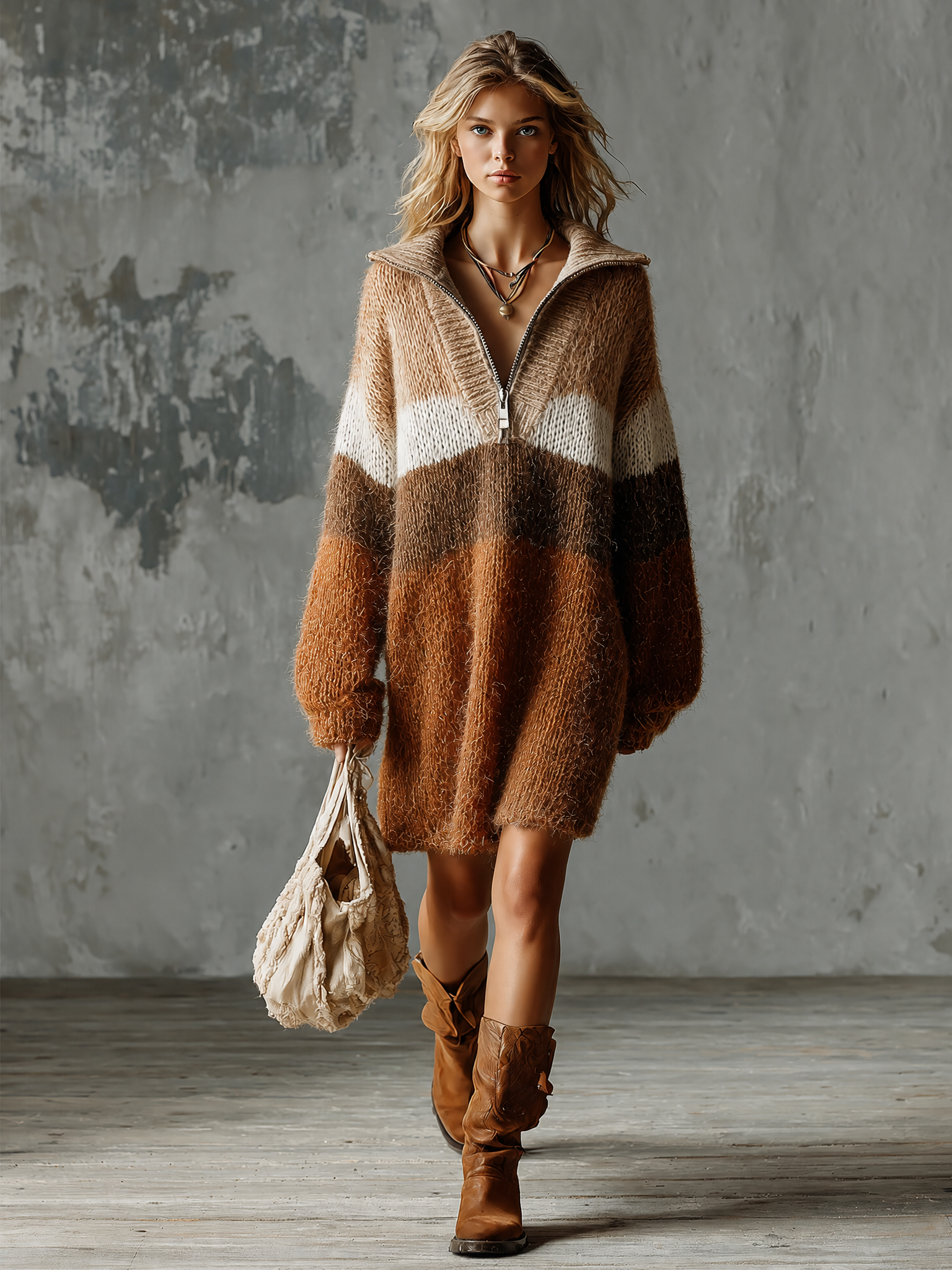 ElevenOra Chic Casual Earth‑Tone Colorblock Lapel Collar Half‑Zip Dropped Shoulder Long-Sleeve Loose-Fit Fuzzy Knit Mini Dress