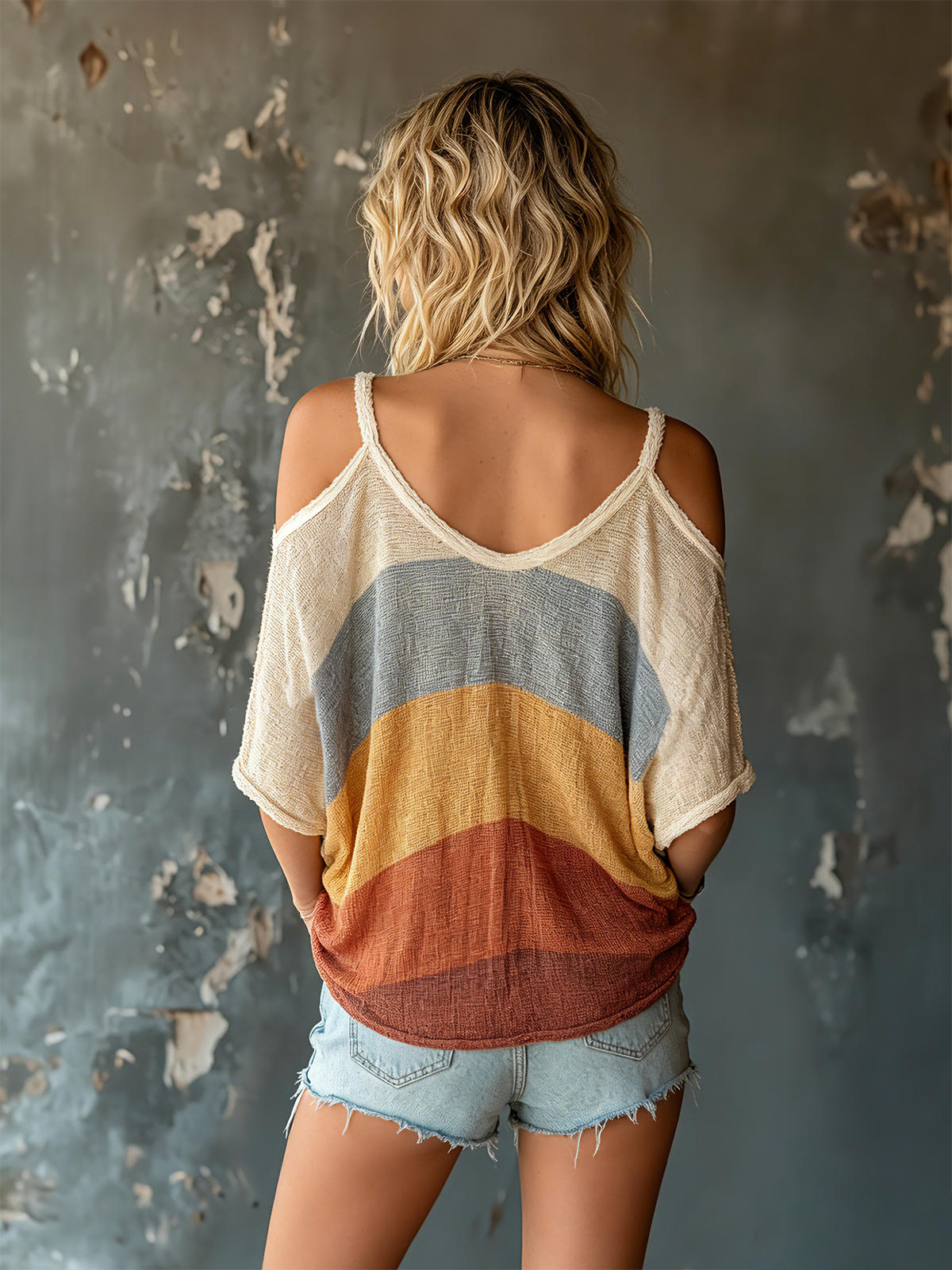 ElevenOra Chic Casual Multi-Color Stripe Cold Shoulder V-Neck Dolman Sleeve Oversize Cotton Linen Blend T-Shirt Top