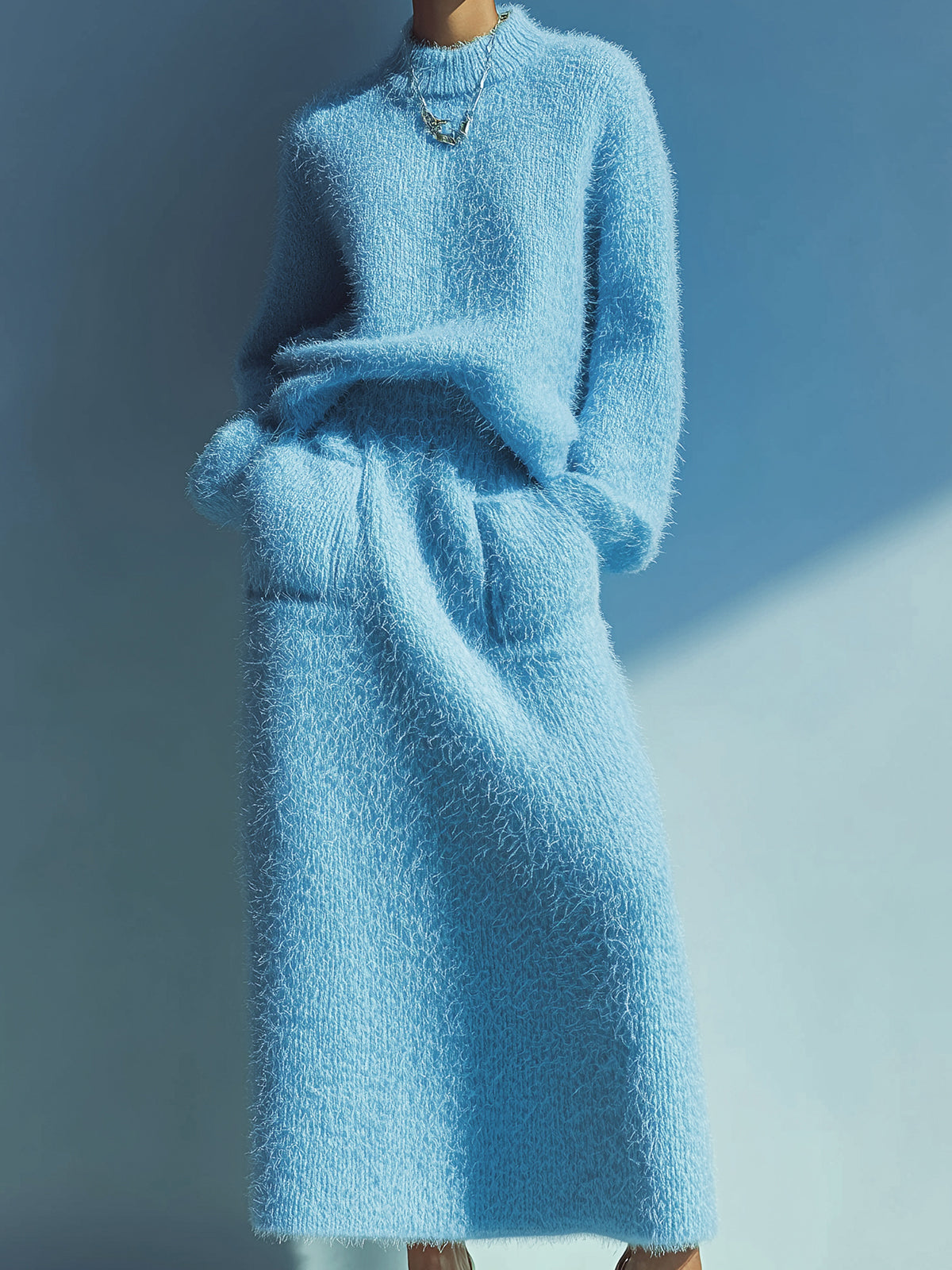 ElevenOra Chic Casual Baby Blue Round Neck Oversized Long Sleeve Sweater Patch Pocket Maxi Skirt Knit Two-Piece Set